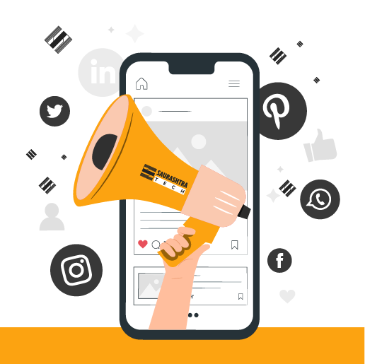 Social Media Marketing Illustration with Mobile and Horn with all Social Media Icons - Saurashtra Tech Illustration