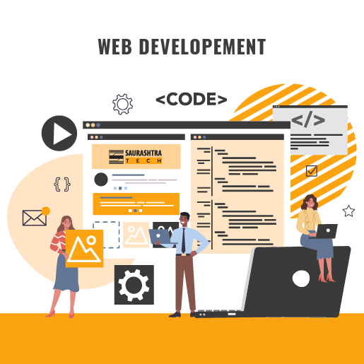 Web Design and Development Services Illustration  Developer Working on  Coding on PC - Saurashtra Tech Web Design and Development Service Page Hero Section